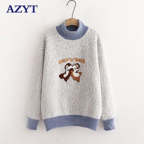 AZYT 2021 Winter Turtleneck Warm Base Sweater Women Cute Cartoon Embroidery Knit Jumpers Women Sweater Patchwork Pull Femme