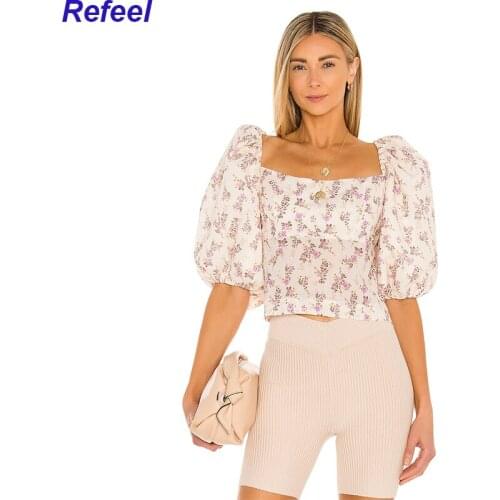 Tops Women Square Collar tops Puff Sleeve Bow Camis Korean Fashion Sweet Honey Peach Print Crop Top Ladies Short Tank Top