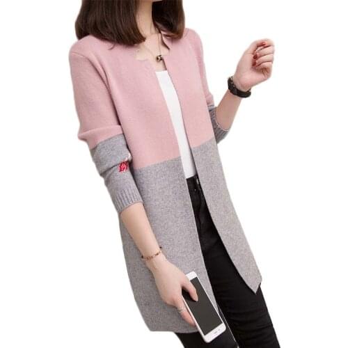 New 2020 Autumn Women Sweaters Mid-Long color matching Knitted Sweaters Cardigans Coats Casual Loose Female Tops Spring Jackets
