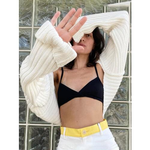 Tossy White Women Sweater Shrugs Cropped Top Full Lantern Sleeve Knitwear Pullover Sexy Summer High Street Outwear 2021 Spring