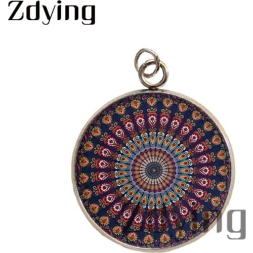 Zdying 2pcs Handmade Mandala Image Print Round Glass Cabochon Charms Stainless Steel Necklace Pendants Jewelry Accessories HM096