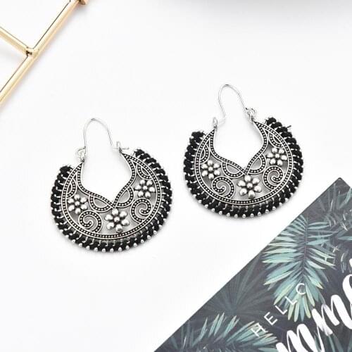 2020 Silver Color Flower Dangle Earrings For Women Handmade Vintage Red Line Tibetan Jewelry Gypsy Earrings Oorbellen