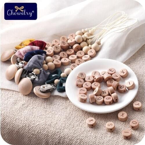 30pc Wooden Beads Baby Teething Necklace English letter Food Grade Pendant DIY Accesories For Pacifier Clips Natural Teething