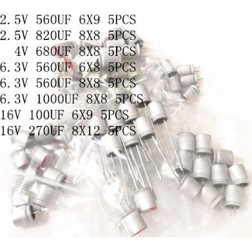 40pcs Solid Aluminum Electrolytic Capacitor Kit 2.5V 4V 6.3V 16V 100UF 270UF 560UF 680UF 820UF 1000UF for Computer Mainboard