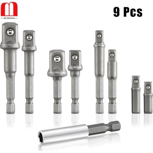 BINOAX 9Pcs Socket Adapter Extension Drill Bit Set With Magnetic Screwdriver Bit Holder 1/4" 3/8" For Impact Driver & Drill 1/2"