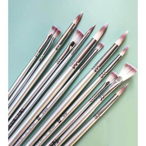 Miniature fan-shaped watercolor gouache brush nylon hair silver long rod Hook line oil paint brush acrylic pen art supplies