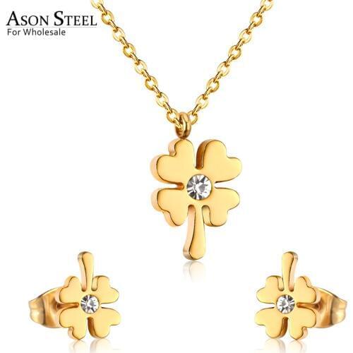 ASONSTEEL Flower Cubic Zirconia Necklace Earring Sets Female Bijoux Gold/Silver Color Rolo Link Chain Pendant Necklaces Wedding