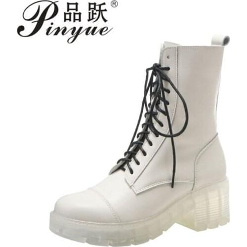 High quality and good quality new shoes Microfiber leather cross-tied round toe thick high heel handsome maiden ankle boots