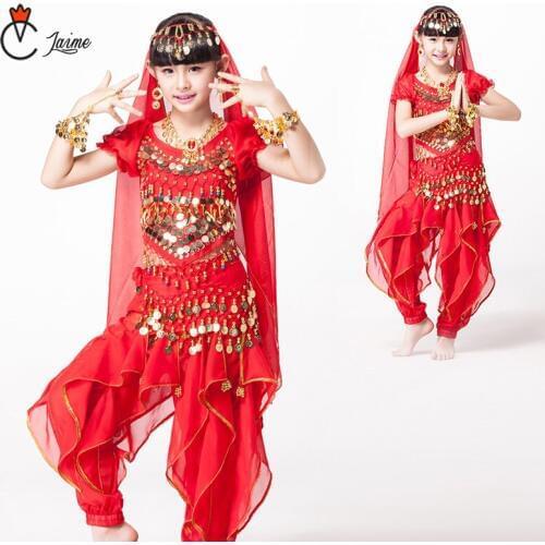 Kids Belly Dance Oriental Dance Costumes Indian Dance bollywood Costumes For girls 6pcs/set Top,Belt,Pant veil necklace earring