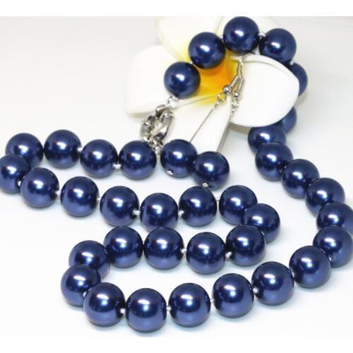 Fashion hot sale jewelry set dark blue round 12mm simulated-pearl shell beads chain necklaces earrings gifts 18inch B2339