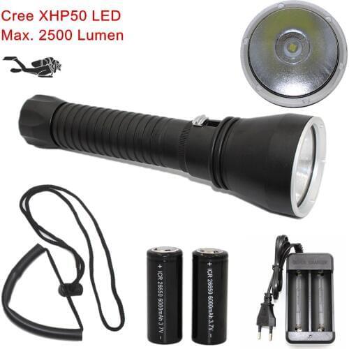 Diving Flashlight XHP50 LED Dive Light 2500 Lumen High Brightness Scuba Torch Hunting Lanterna + 26650 Battery + Charger