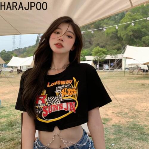 Harajpoo Women T-Shirts Harajuku Retro Hot Girl Wild Ins Tide Summer Design Sense Chain Short Navel Black Half Sleeve Y2k Tops