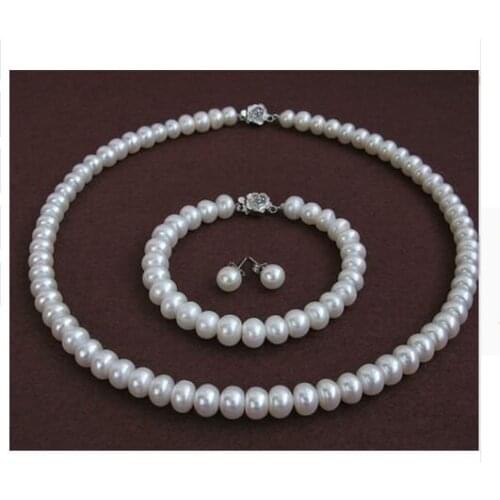 Natural women Noblest 100% real pearl necklaces bracelet earring set 18inch White real pearl AAA 9-10mm highlight