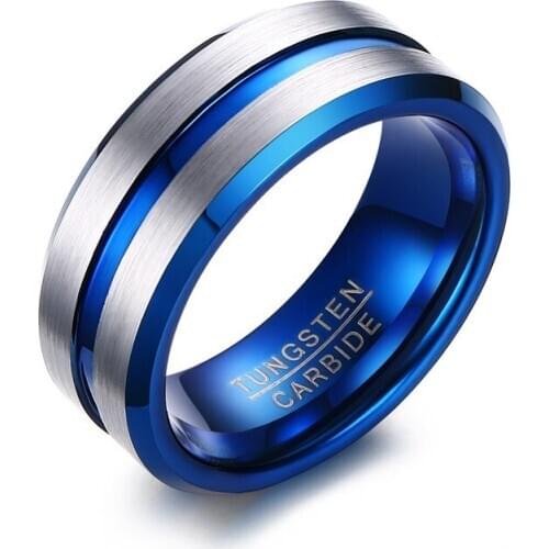 8MM Wedding Bands fashion Male Jewelry finger ring Groove bevelled blue Tungsten carbide ring for men