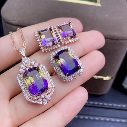 Engagement Best Gift Ametrine jewelry set Natural Real Ametrine 925 sterling silver 1pc pendant,1pc ring,2pcs Earring