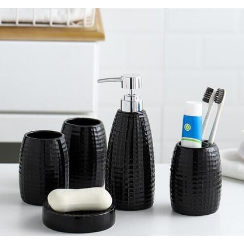 Wholesale Black Ceramic Bathroom Accessories Set Five-Piece Set Soap Disenser Toothbrush Holder Kit Bathroom Supplies