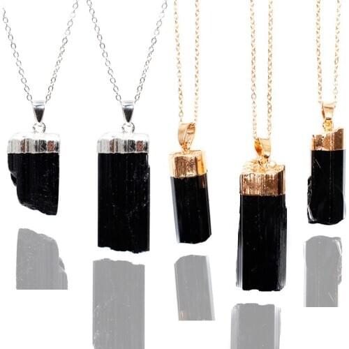 Natural Crystal Pendant Necklace Black Raw Stone Gold Plated Healing Irregular Handmade Jewelry for Women