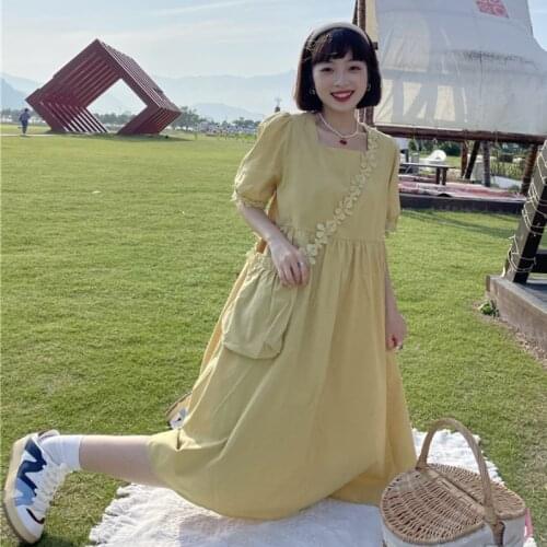 Womens Summer Dress Gentle Sundresses Midi Dress Square Collar Casual A-LINE French Sweet Female Clothing Blue Yellow Vestidos