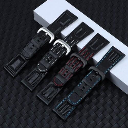 28mm Real Calf Genuine Leather Handmade Black Red Blue Stitches Wrist Watch Band Strap Belt Clasp For Seven Friday Watchband