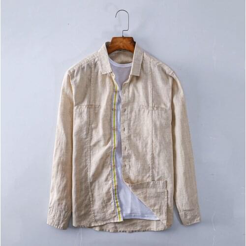031 Spring Man Shirt Linen Japanese Vintage Solid Color Lapel Single-Breasted Slim Long Sleeve Breathable Leisure Mens Clothing