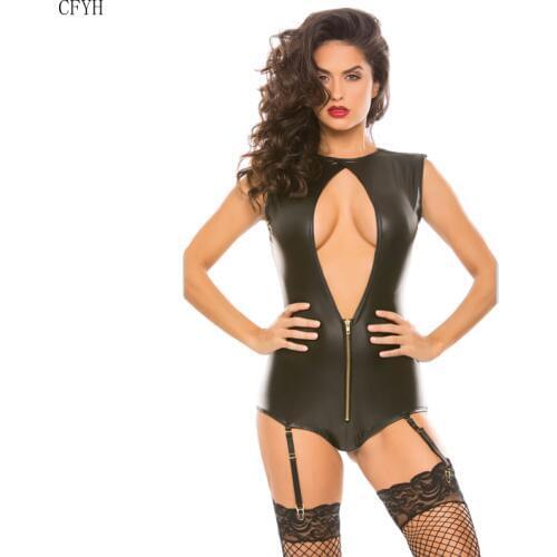 PU Leather Sexy Bodysuit Women Hollowing Out Skinny Summer Women Rompers Beach Casual Women Jumpsuit+Garters