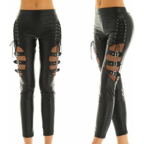 Sexy Punk Women Faux Leather Pants Leggings Thigh Buckles Skinny Pencil Tight Side Lace Up Trouser Racing Car Fetish Costume