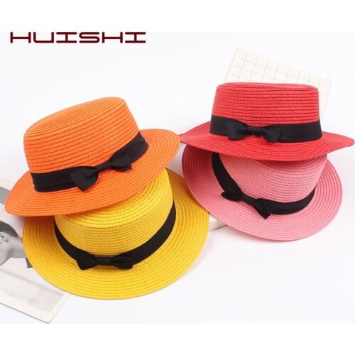 HUSHI Hats For Girls Cute Bowknot Beach Bucket Straw Sun Hat Parent-child Women Girls Cap Colorful Milky White Khaki Pink Red