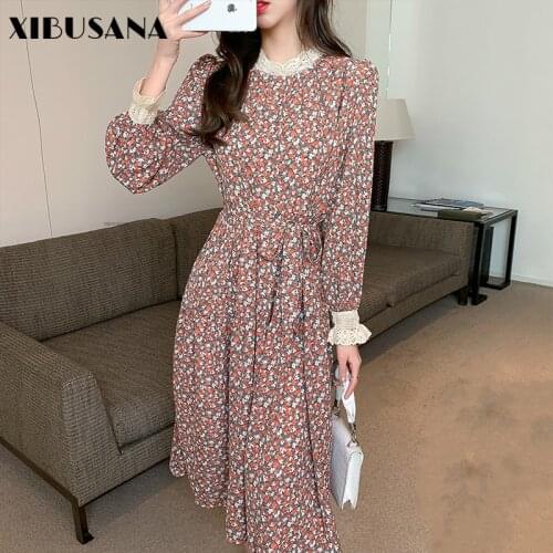 Women Vintage Chiffon Dress 2020 Spring Autumn Fashion Female Long Sleeve Printed Floral Casual Dresses A-line Vestidos
