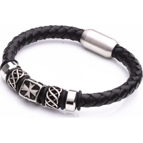 New 21.5cm Fashion Punk Genuine Leather Man Cross Bracelet High Quality Magnetic Clasp Fathers Day Gift