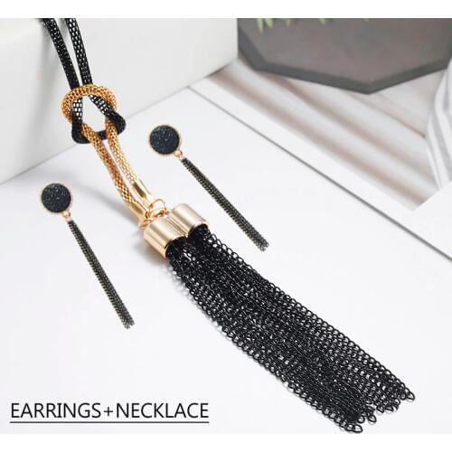 Black Tassel Pendant Necklace Jewelry Set For Women Elegant Tassel Earrings Gift For Friends Classical EA+NE