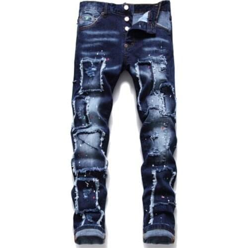 Autumn Winter New Tattered Paint Splashing Mens Jeans Slim Fit Patch Stretch Denim Trousers Blue Stitching Skinny Beggar Pants