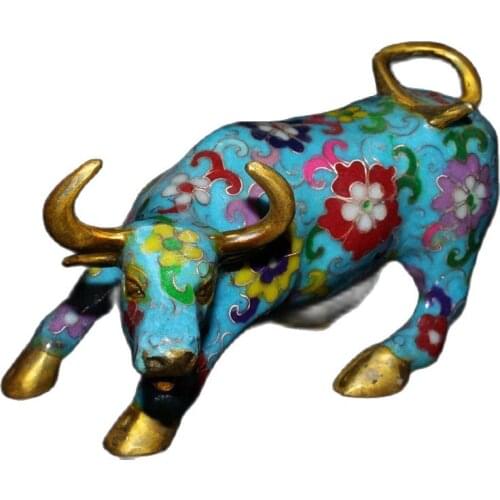 Chinese old Tibetan craft Copper Tire Filigree Cloisonne Cow statue