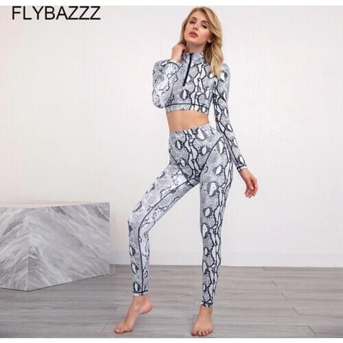 Yoga Set Women Sport Suit Gym Clothes 2 Piece Seamless Snake Print Fitness Long Sleeve Crop Top High Waist Workout Leggings 2020