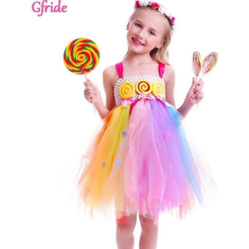 Halloween Cosplay Costumes Princess Girls Lollipop Rainbow Dress Mesh tutu Skirt Candy Dance Dresses Kids Ball Gown Clothing