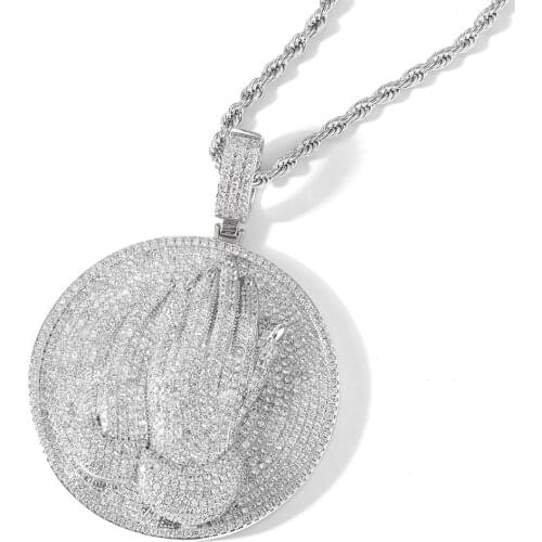 Iced Out Praying Hands Round Pendant With Chain Micro Pave Zircon Mens Necklace Hip Hop Jewelry
