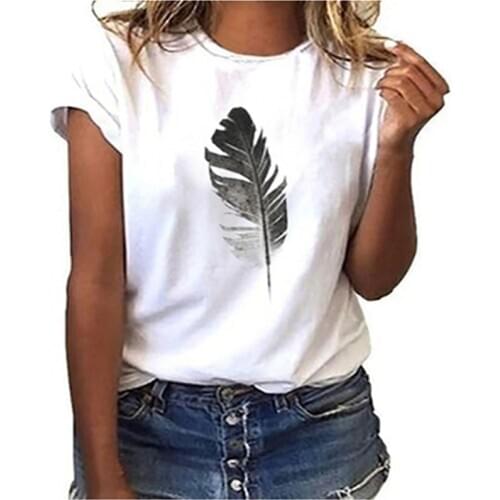 LINNA Summer ladies new feather print T-shirt Vogue Leaf than heart print T-shirt short sleeve O-neck summer top