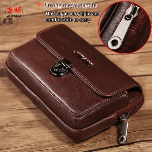 JIWANG Mens Genuine Leather Hook Belt Hip Fanny Bag Cigarette Purse Pocket Male Cowhide Cell Mobile/Phone Case Cover Waist Pack