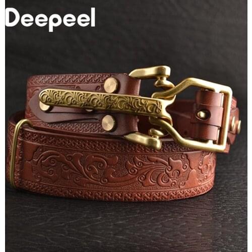 Deepeel1pc S/M/L Mens Embossed First Layer Cowhide Belt Male Pure Brass Buckle Handmade Diy Cavalry Waistband Jeans Accessories