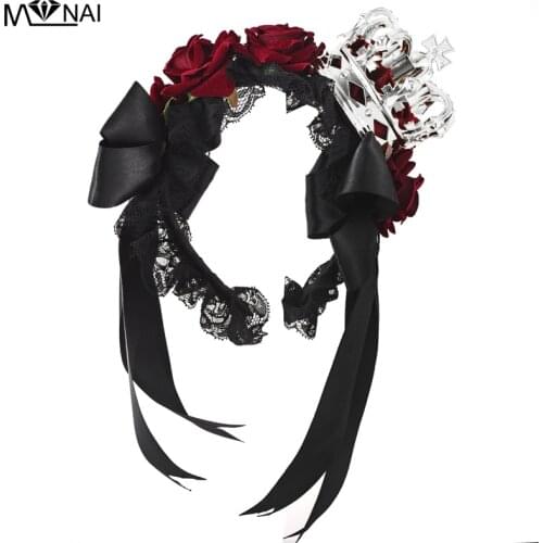Handmade Queen Crown Headband Gothic Roses Ribbon Headpiece Fancy Dress Lolita Headdress