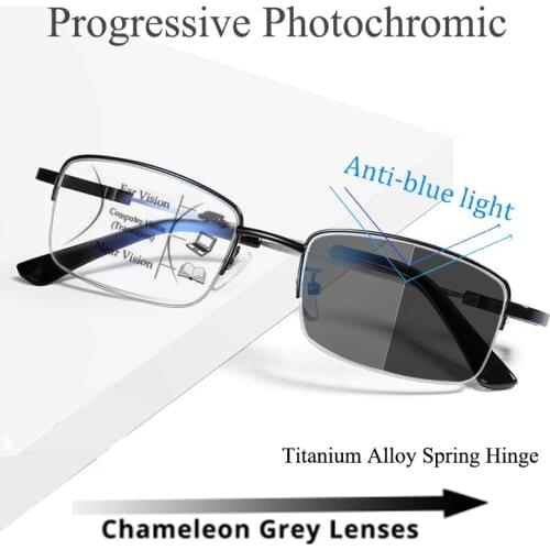Progressive Multifocal Photochromic Reading Glasses Men Half-Frame Anti-blue Light Titanium Alloy Spring Hinge Readers Eyeglasse
