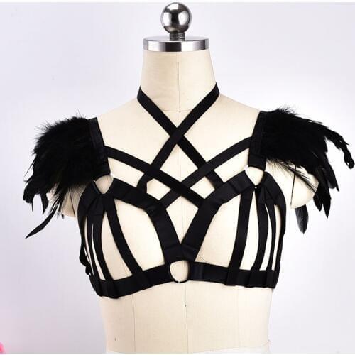 See through Bra,Goth Lingerie,Fetish Wear,Sexy Harness,Feather Epaulettes,Fashion Harness,Cosplay Costumes,Bondage Lingerie
