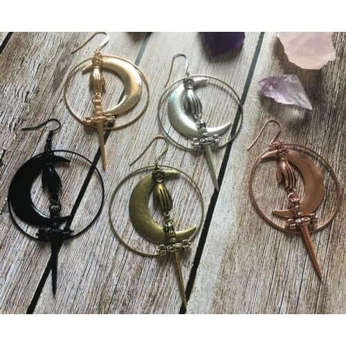 Hecate -Crensent Moon Earrings-Victorian-Sword Earrings-Gothic-Hoops-Dark-Witchy-Goddess-Goth Jewelry-Dangle Earrings