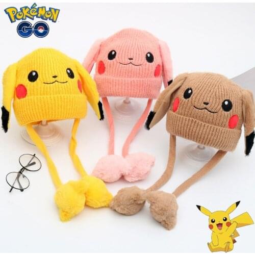 Pokemon Pikachu Knitted Hat Anime Cartoon Cap Hat Moving Ears Children Cute Toy Hat Kawaii Funny Hat Boy Girl Plush Cap Winter