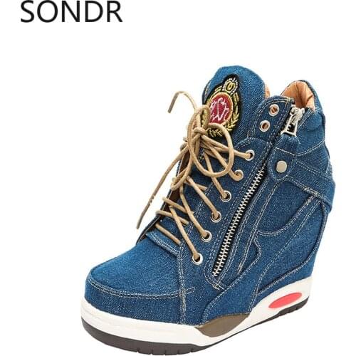 Womens Pointed Toe High Top Wedge Heel Denim Jeans Lave Up Sneaker Hidden Heel Pumps Shoes Side Zipper Shoes B198