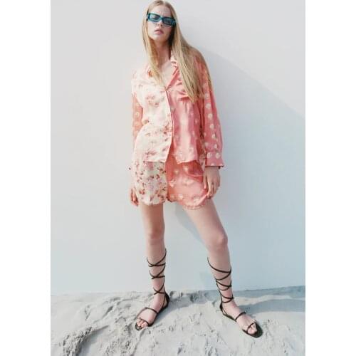 2021 summer new womens fashion casual print pocket hanging long sleeve shirt with vintage loose shorts two-piece set