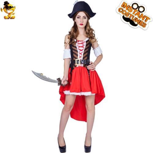 Adult Pirate Lady Party Costume Halloween Carnival Party Deluxe Pirate with Headpiece for Women Red Sexy Buccaneer Costumes