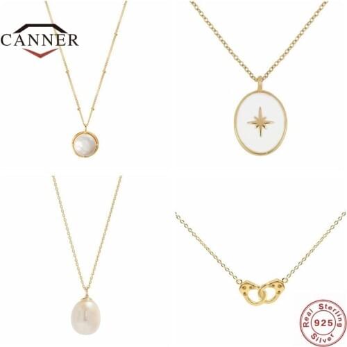 CANNER 100% Real 925 Sterling Necklace for Women Pearl Necklace Handcuffs Pendant Female Choker Necklace Chain Jewelry collares