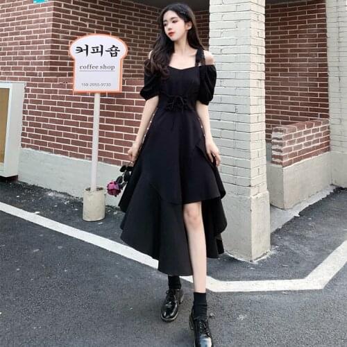 Women Summer Black Lace Suspender Dress 2021 New Short Sleeve Irregular Slim Fit Plus Sizes Lady A-line Party Long Dresses