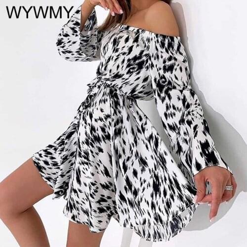 Women Elegant Flare Long Sleeve A-Line Mini Dress Spring Summer Sexy Slash Neck Belted Off Shoulder Elastic Waist Party Dresses