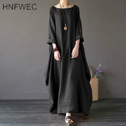 Summer Autumn Plus Size Dresses Women O-Neck 5Color 5xl Loose Long Vintage Dress Boho Shirt Dress Maxi Robe Fashion Female Q024